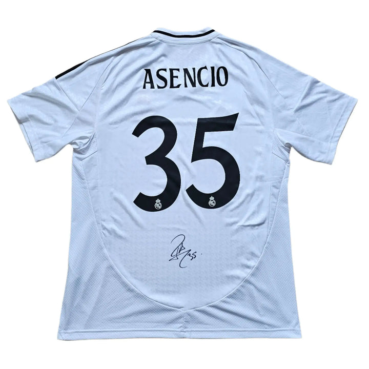Back view displaying Asencio, No. 35, and signature on a white football shirt.