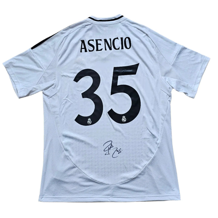 Back view featuring Asencio, No. 35, and a visible signature on a white football shirt.