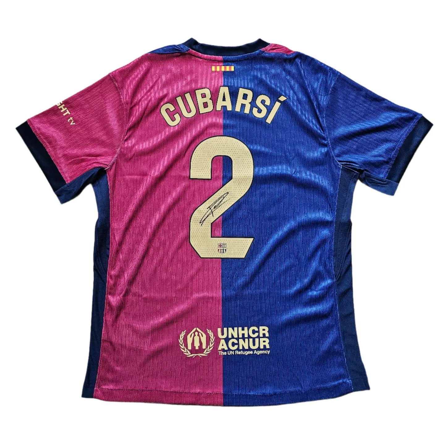 Back view showing No. 2, name 'CUBARSÍ', and signature. Features blue and red colors.