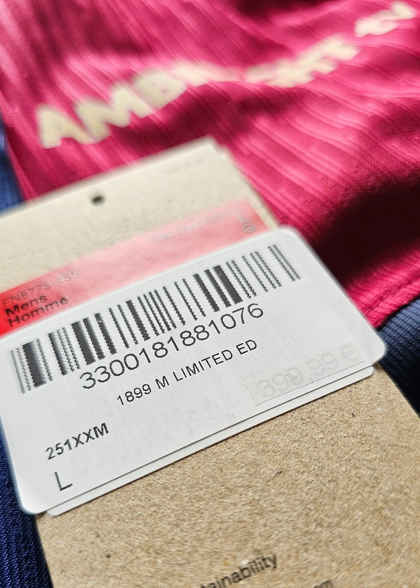 Tag detail showing barcode and text '1899 M LIMITED ED'.