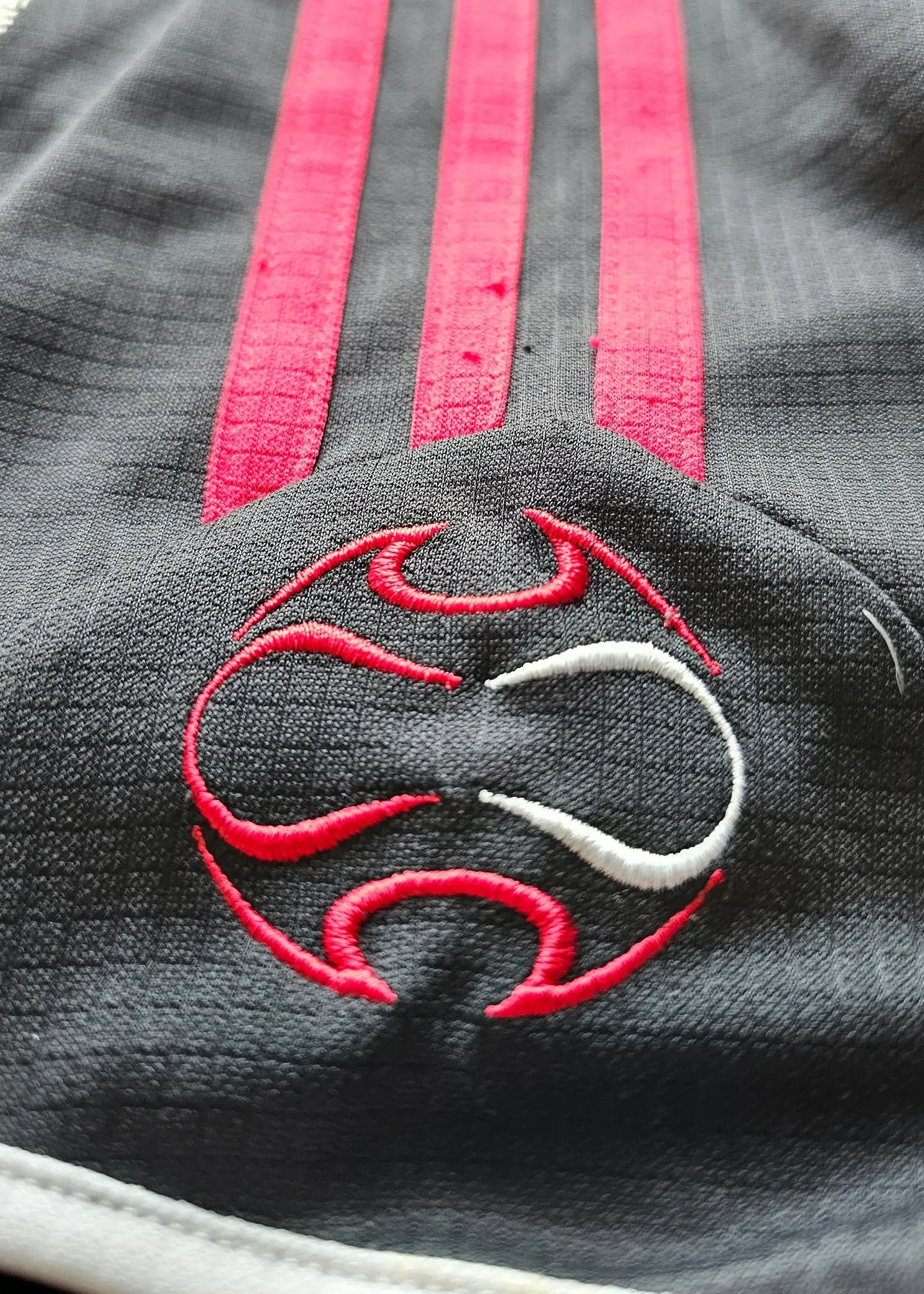 Close-up view of AFC Ajax crest with red and white details on black background.