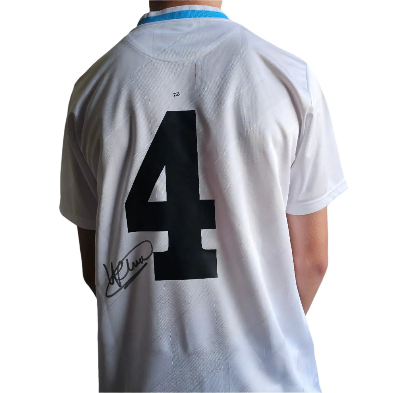 Back view featuring No. 4 and signature of Ronald Koeman on white football shirt.