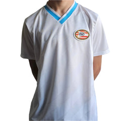 Back view revealing the PSV crest and signature detail on a white football shirt.