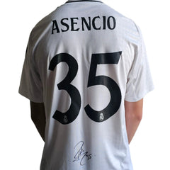 Back view showing Asensio, No. 35, Real Madrid crest, and the player's signature.