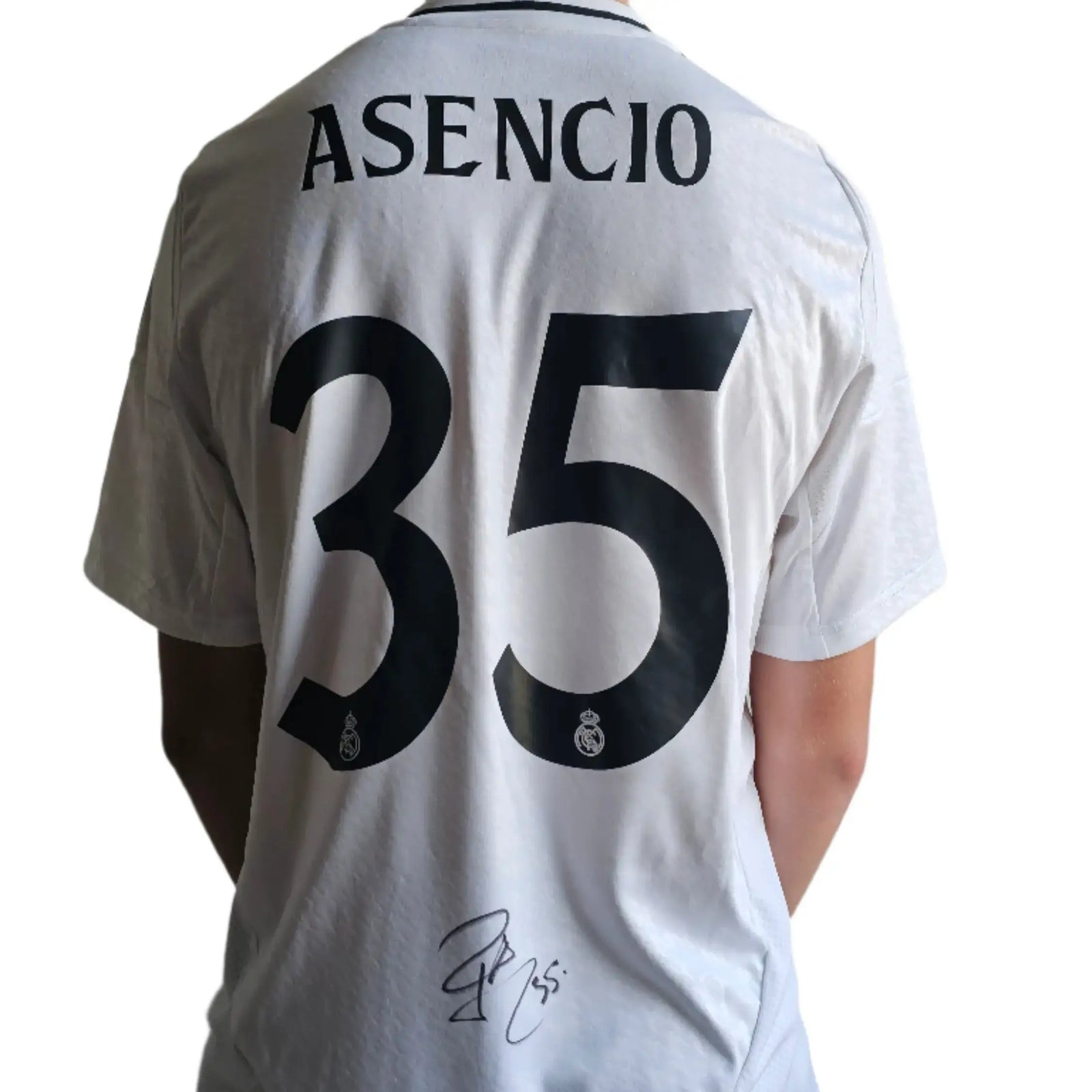 Back view featuring Asencio, No. 35, with Real Madrid crest and signature.