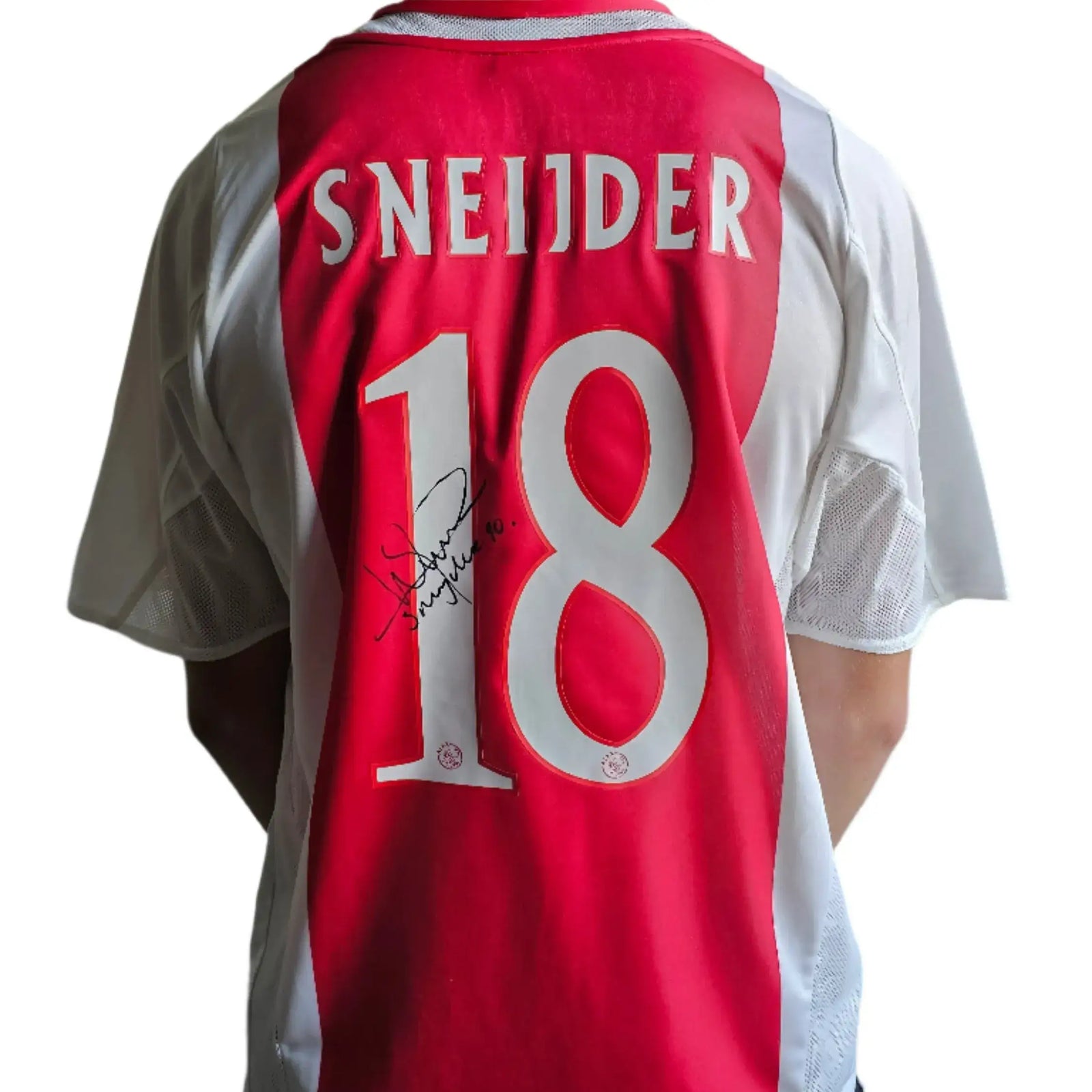 Back view displaying No. 18, Sneijder name, and signature on red and white football shirt.