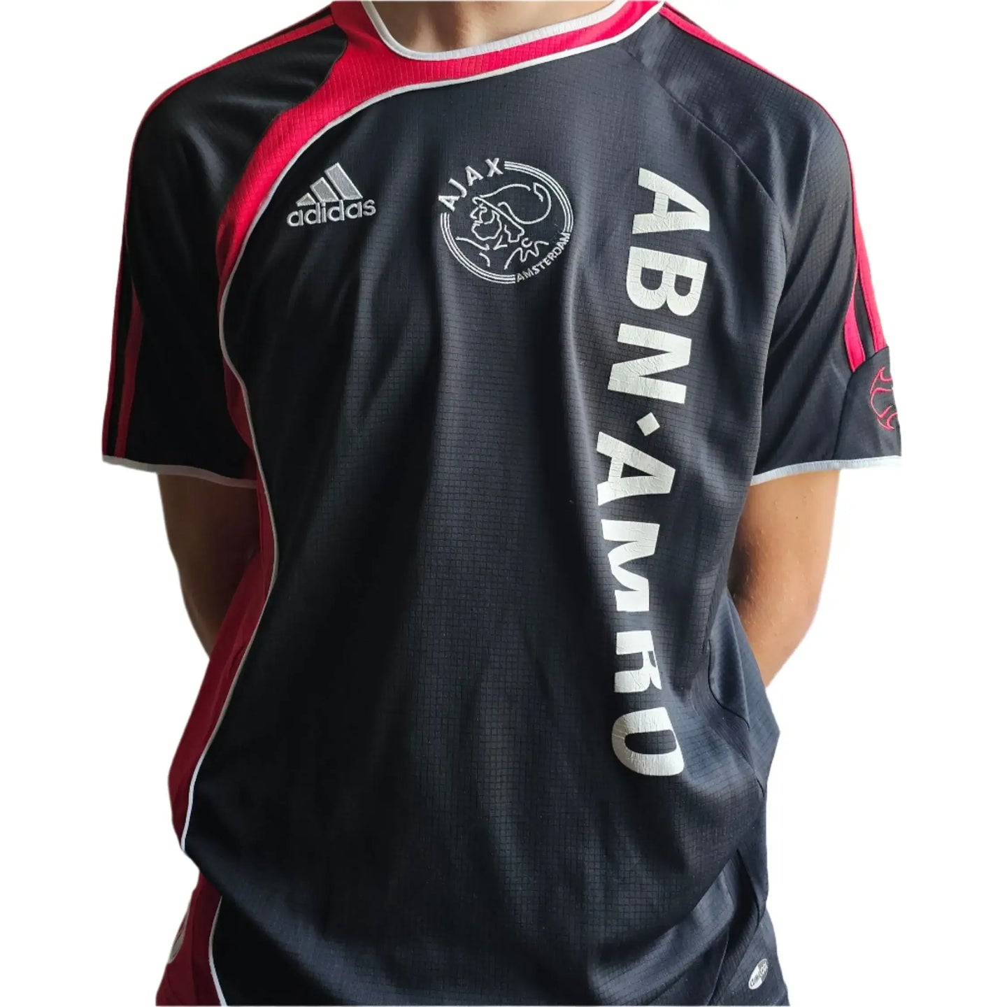 Front view of Jaap Stam 2 Ajax signed football shirt with ABN AMRO branding and AJAX crest.