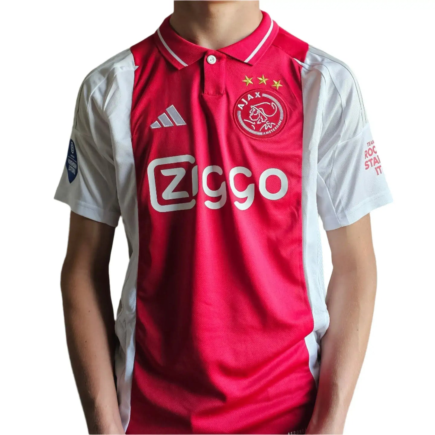 Front view of Ajax football shirt featuring red and white colors, Ziggo sponsor logo, and two stars.