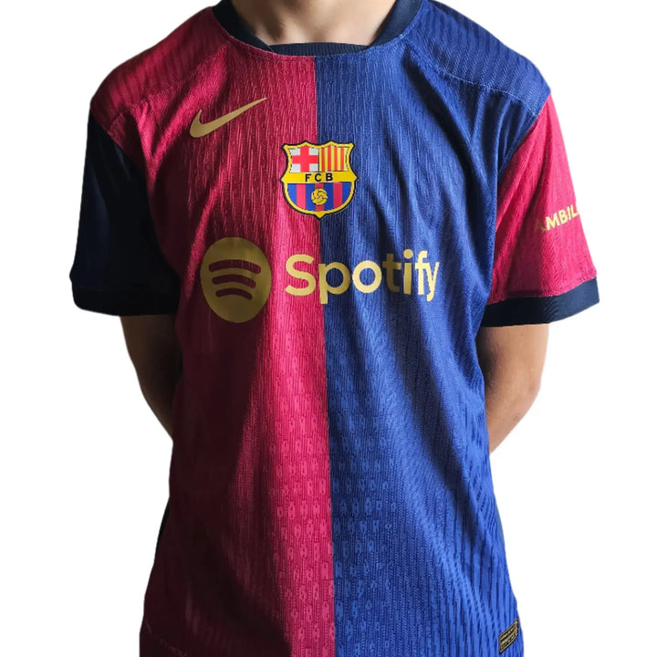 Front view of Pau Cubarsi signed Barcelona football shirt featuring Spotify logo and club crest.