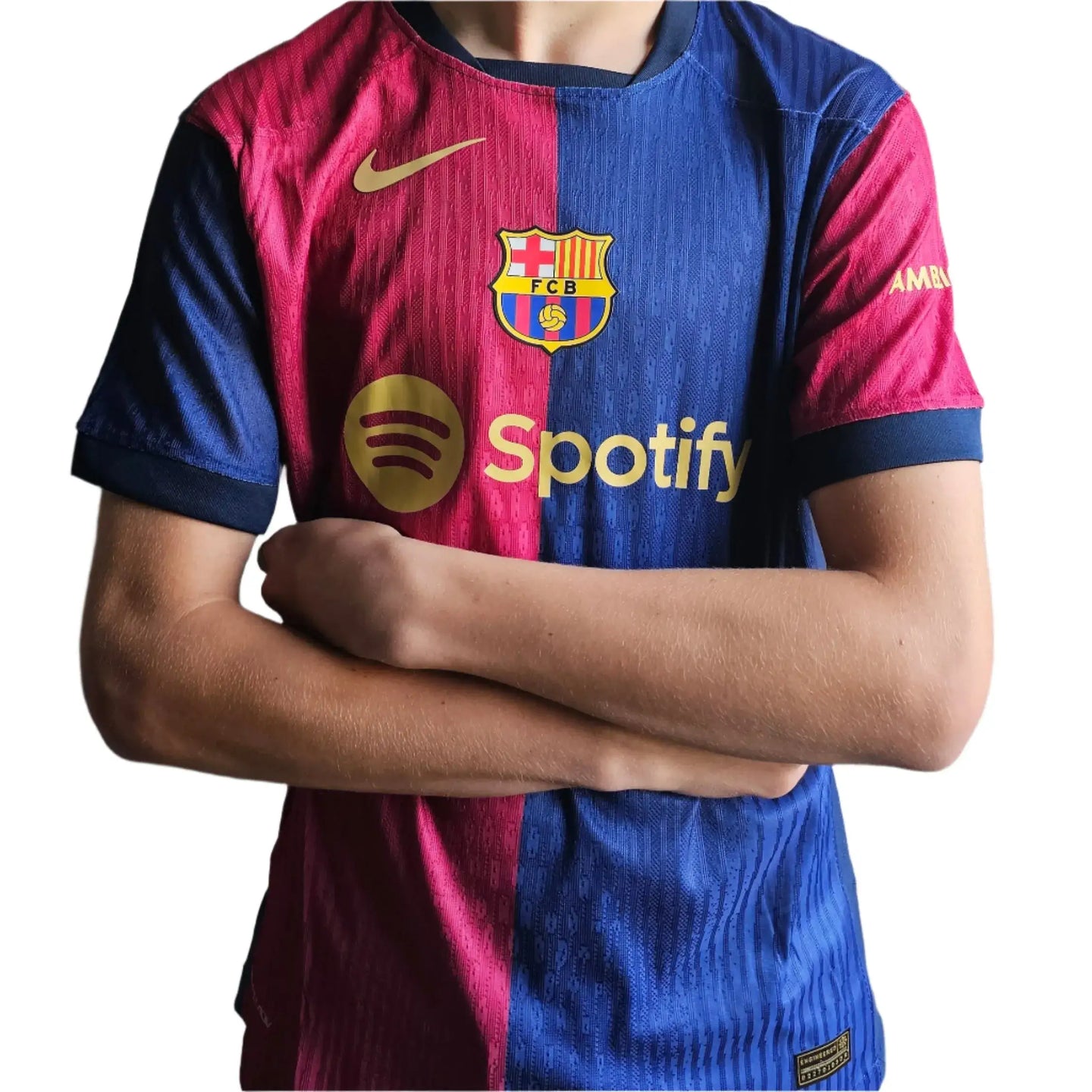 Front view of a signed Barcelona soccer jersey featuring the crest and Spotify logo.