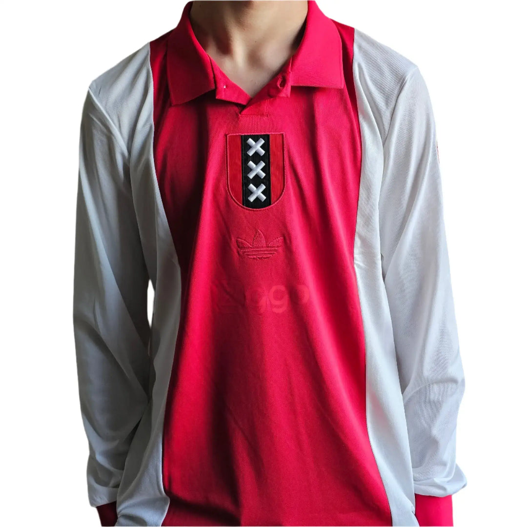 Front view of Sjaak Swart 8 Ajax 125th Anniversary signed football shirt featuring red and white colors and Ziggo sponsor.