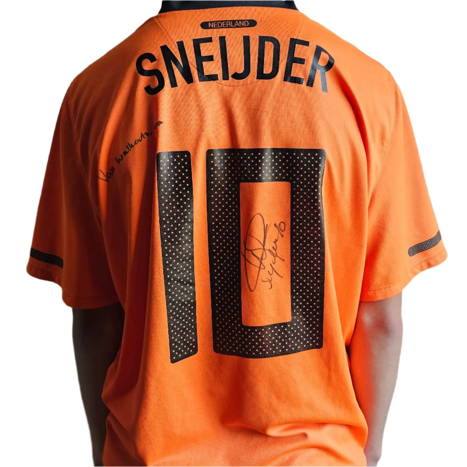 Back view featuring orange football shirt with 'SNEIJDER' and No. 10, signed by Wesley Sneijder.