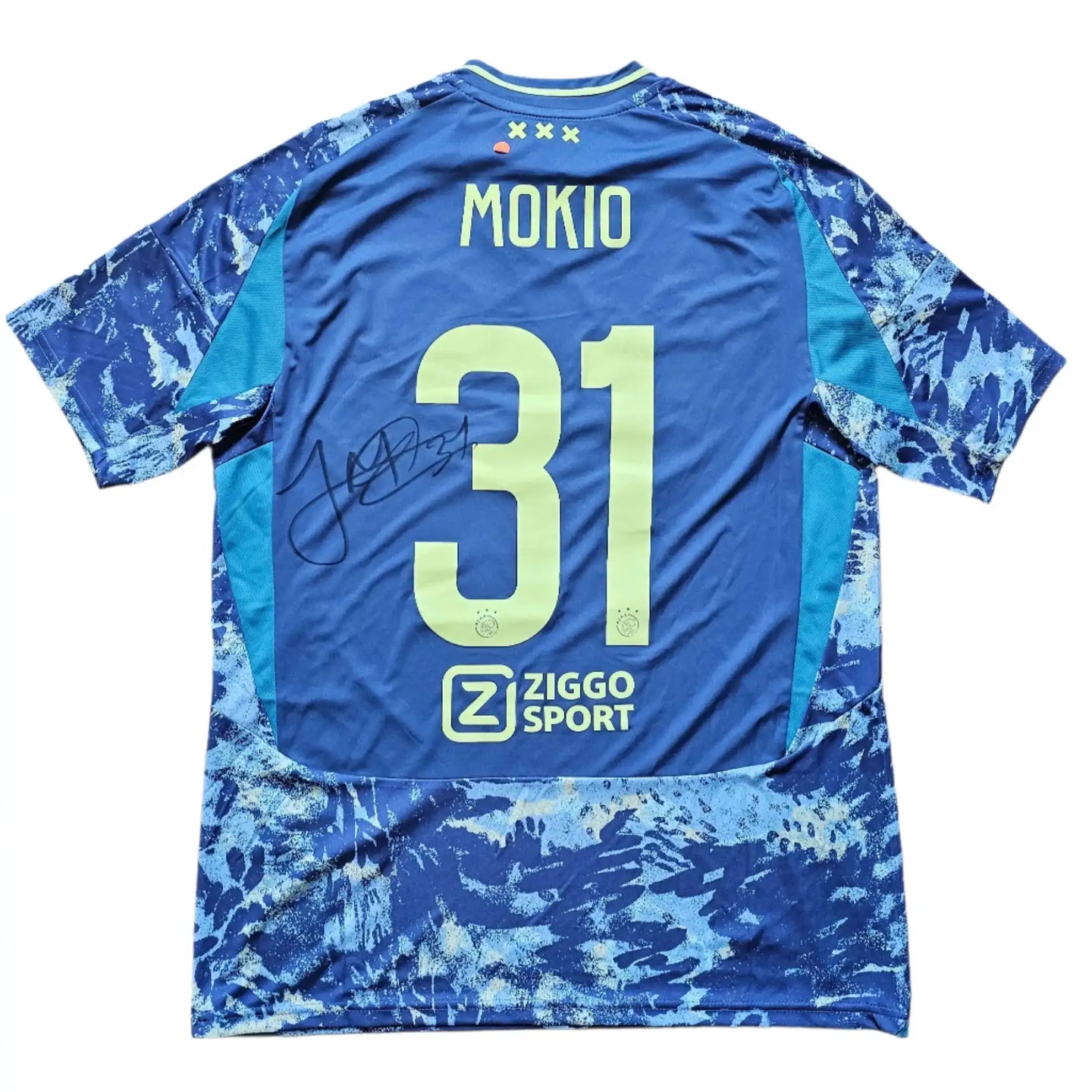 Back view showing Mokio, No. 31, and signature, featuring blue and yellow colors.