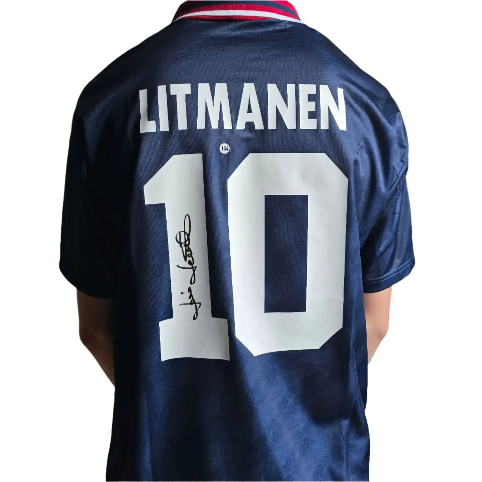 Back view showing Litmanen, No. 10, and signature on a navy football shirt.