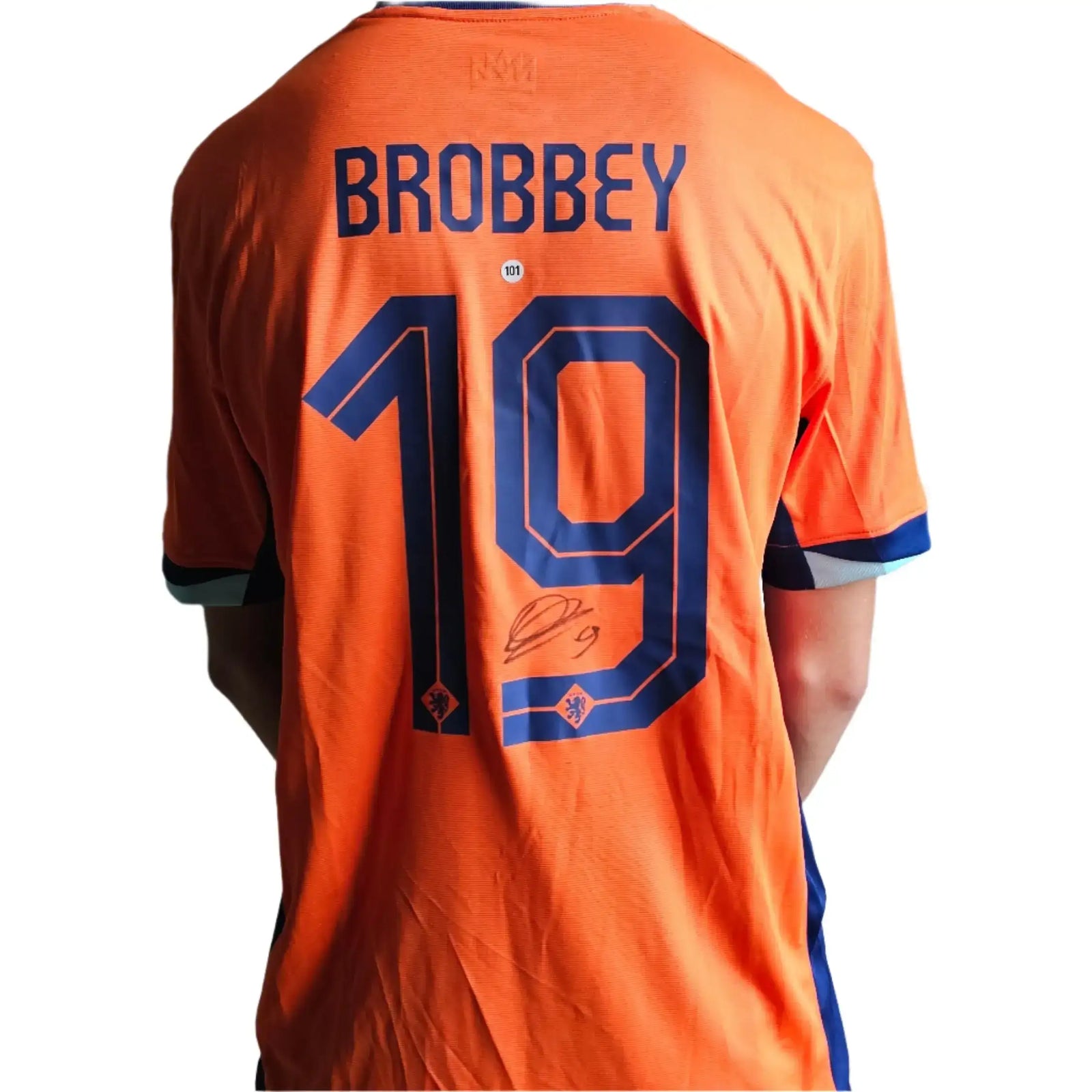Back view of Brian Brobbey Signed Holland Football Shirt showing No. 19 and signature.