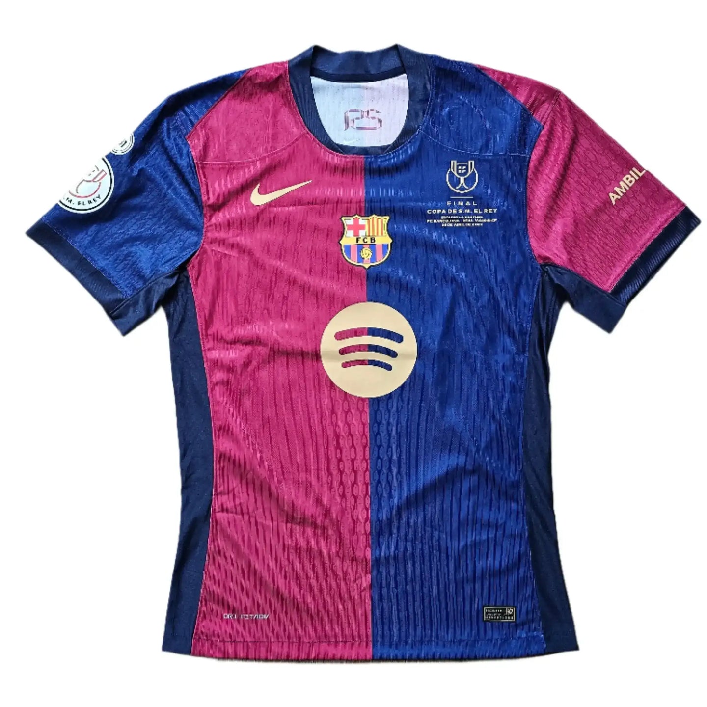 Front view of Jules Koundé 23 Barcelona signed shirt featuring the crest and Spotify logo.