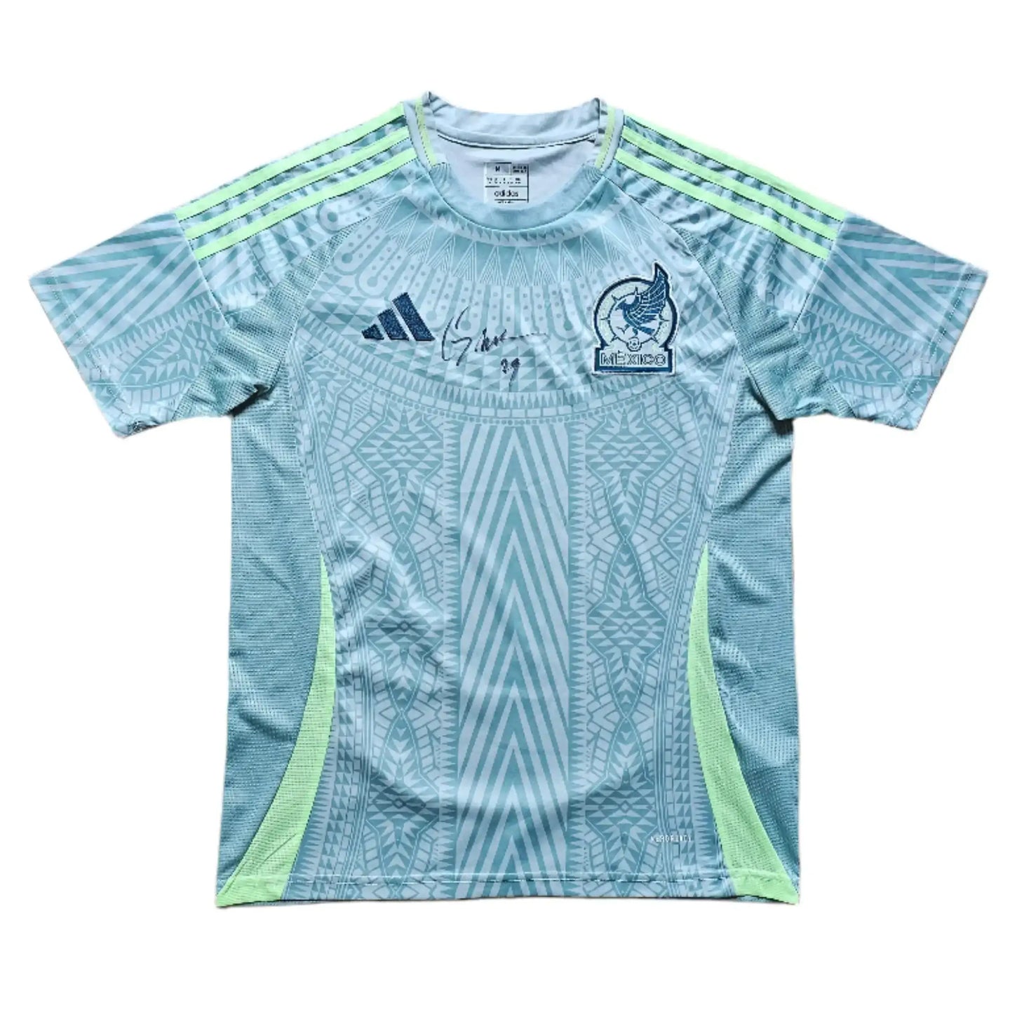 Front view of Santiago Giménez signed football shirt featuring blue and green design, adidas branding.