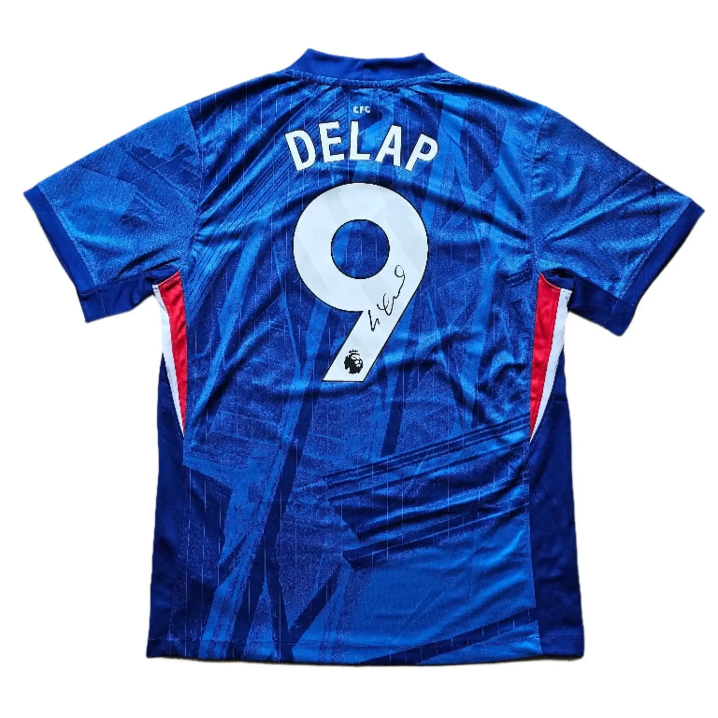 Back view showing Delap, No. 9, and a visible signature on a blue football shirt.