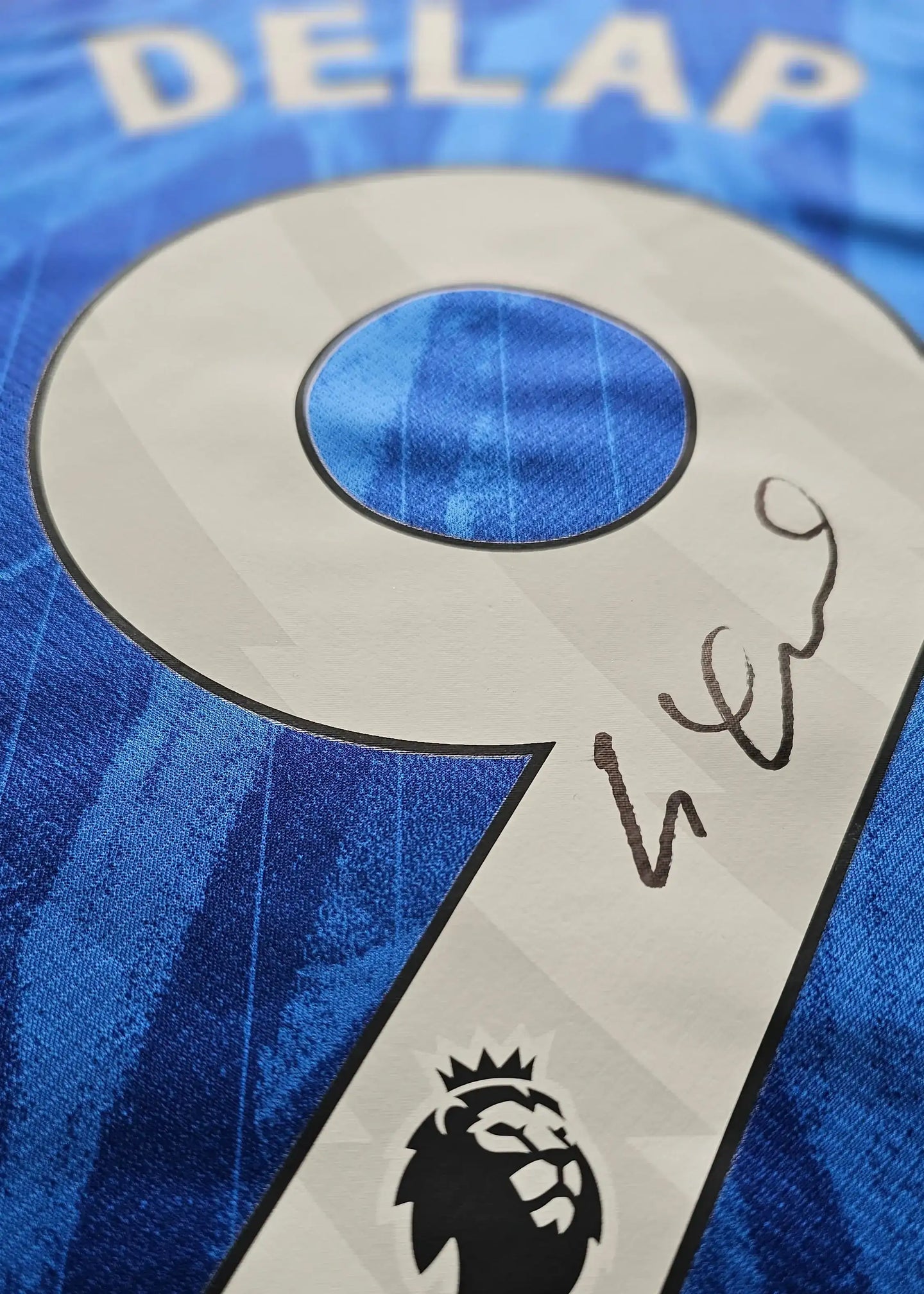 Close-up of No. 9 on blue football shirt with "DELAP" and a visible signature.