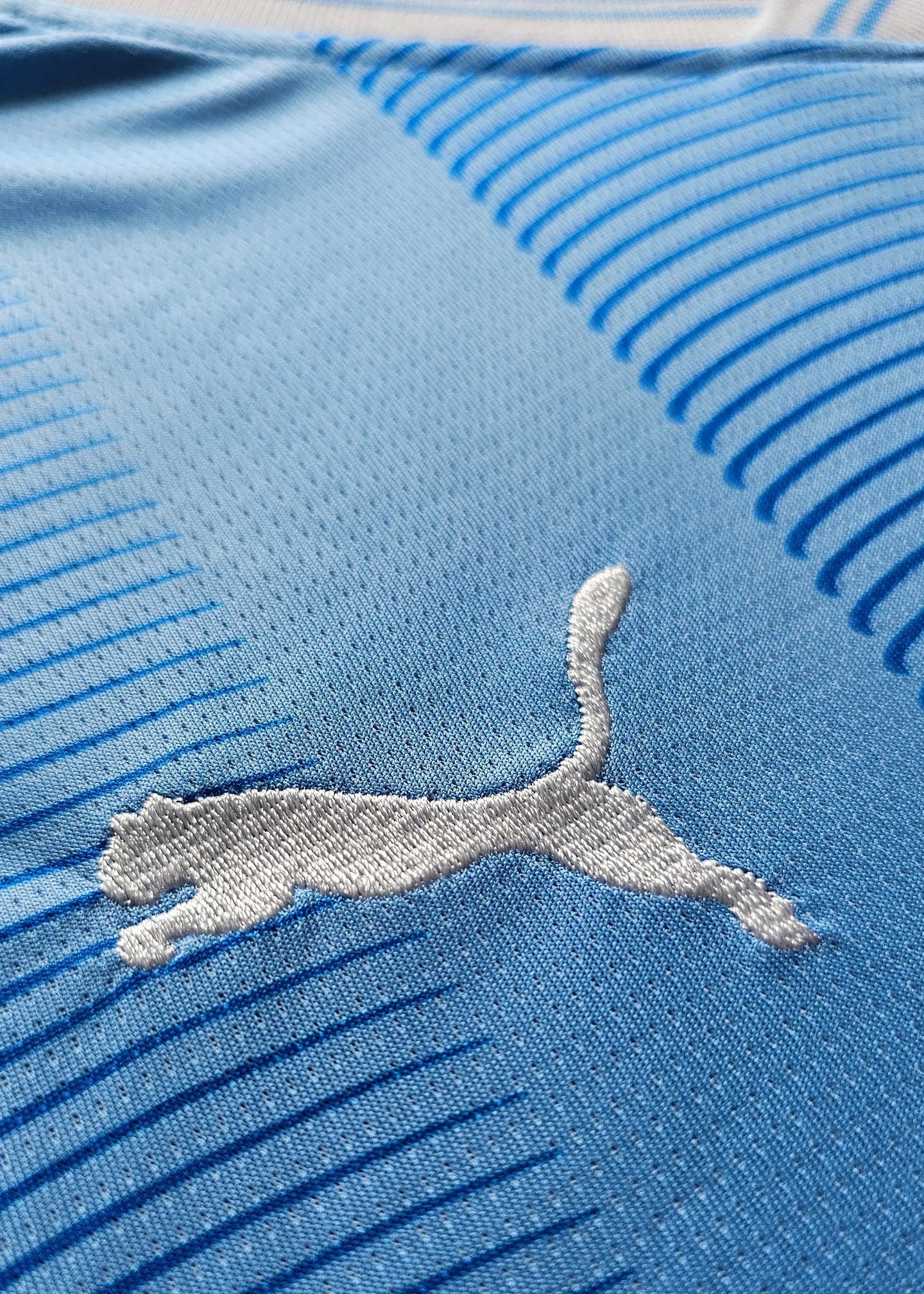 Close-up of the Puma logo embroidered in white on a blue football shirt fabric.