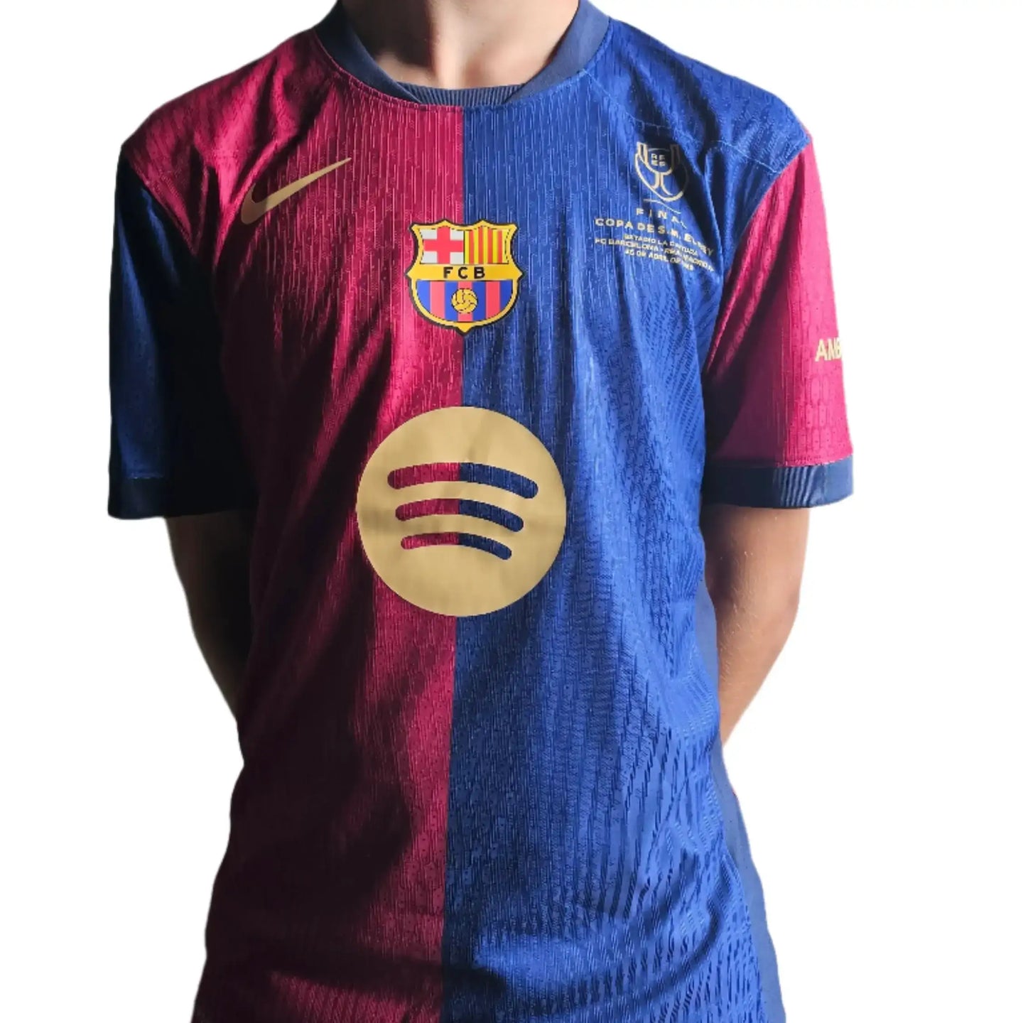 Front view of Jules Koundé 23 Barcelona signed shirt featuring the crest and Spotify logo.