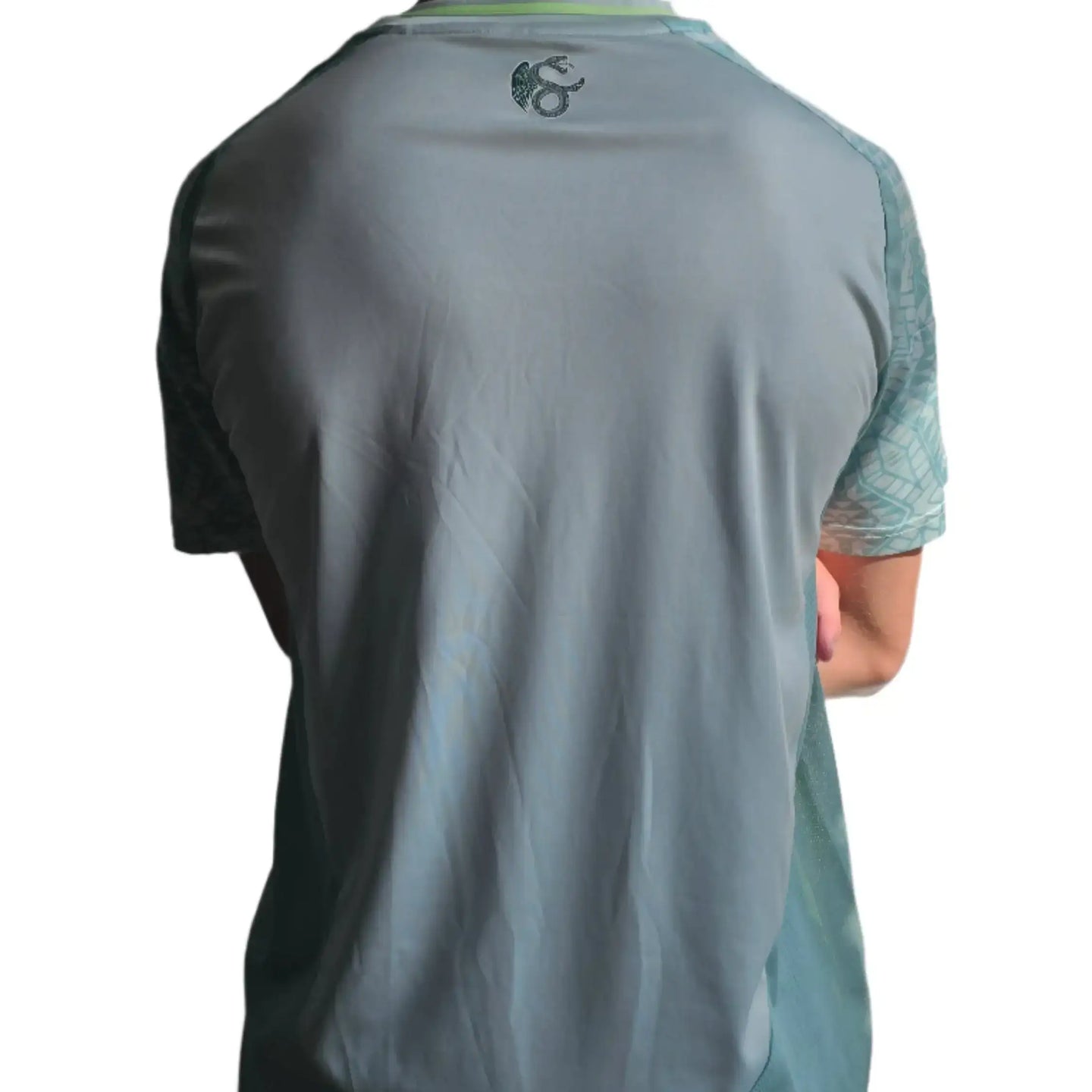 Back view showing green design with visible logo near the neck.