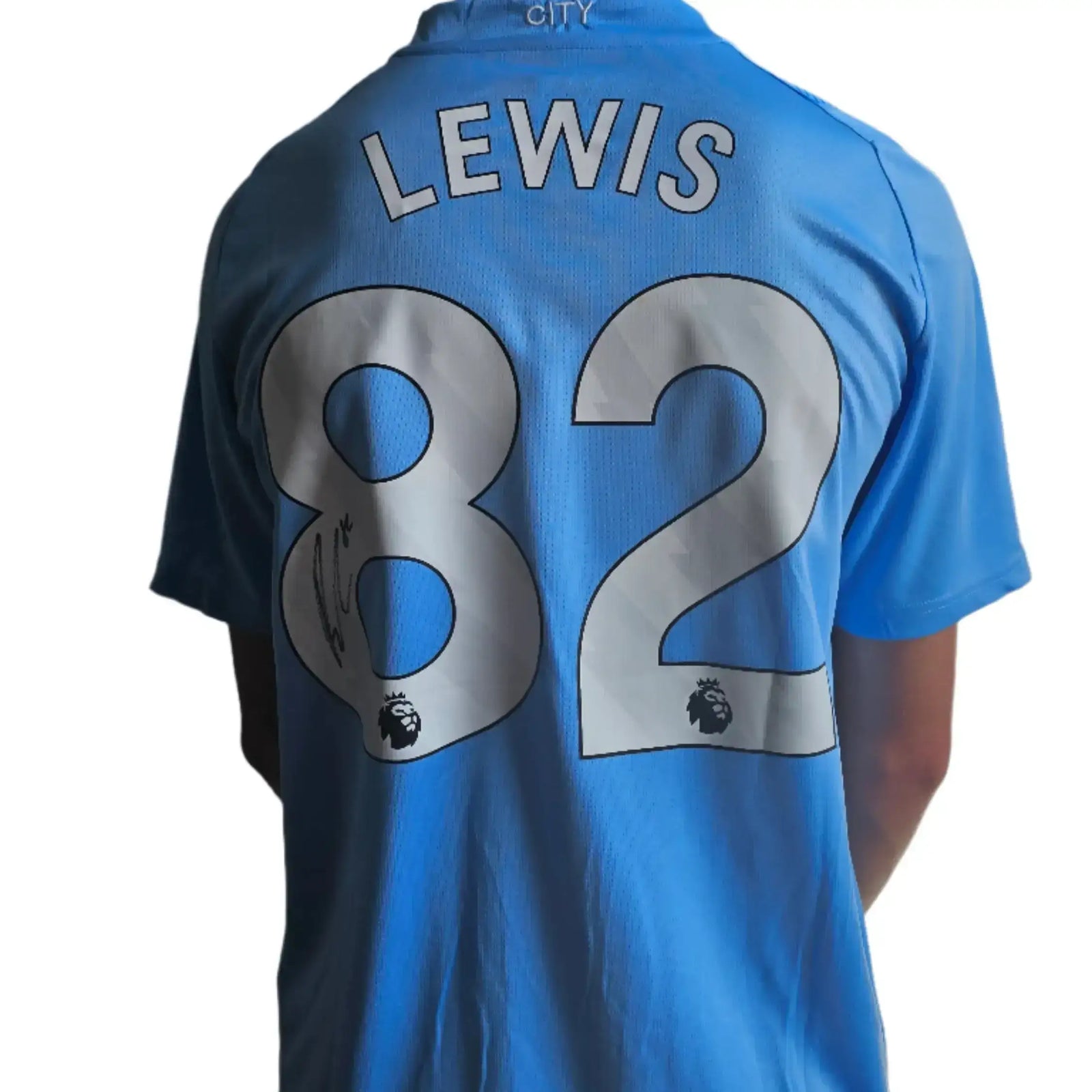 Back view showing No. 82, name Lewis, and a visible signature on the blue football shirt.
