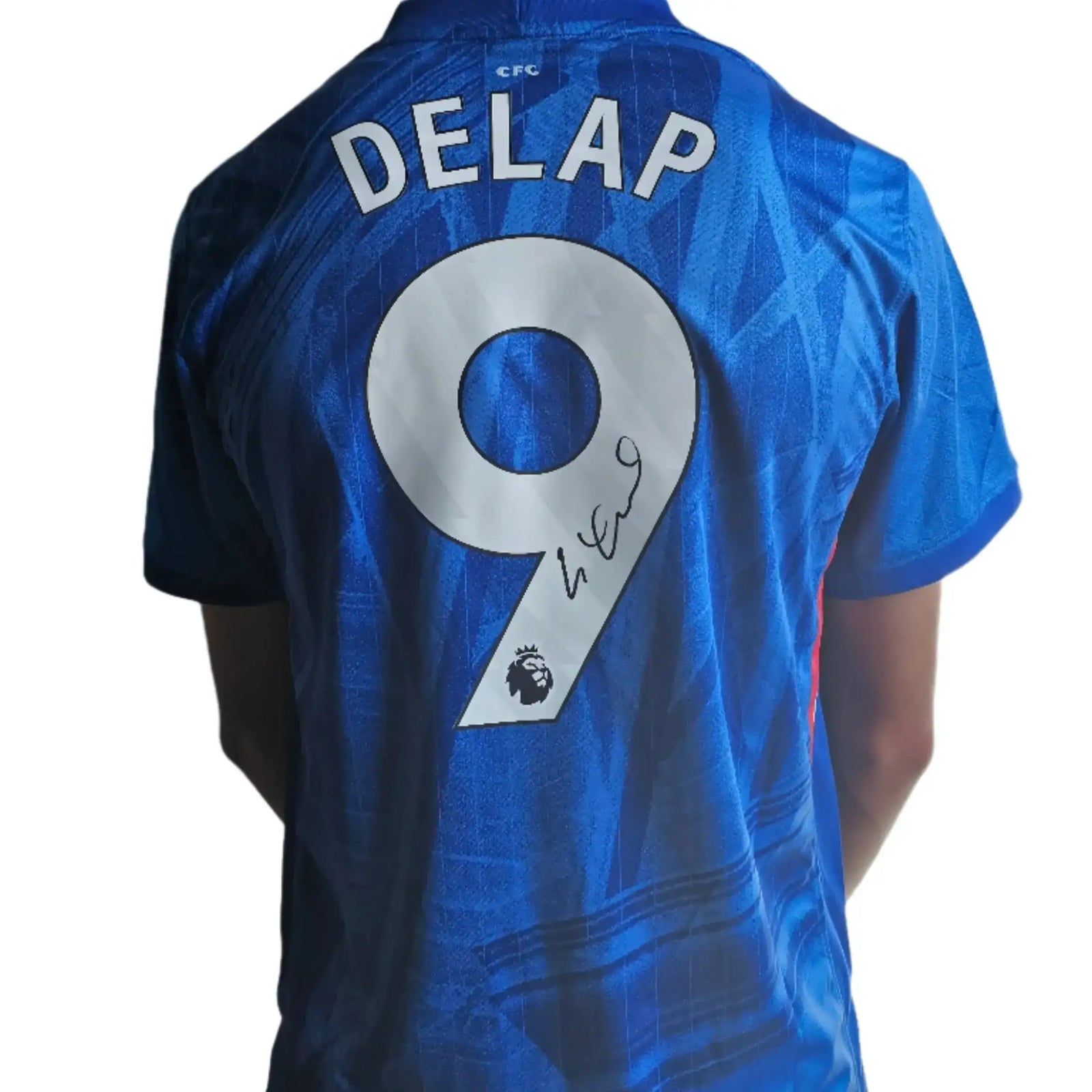 Back view featuring Delap, No. 9, and a visible signature on a blue football shirt.