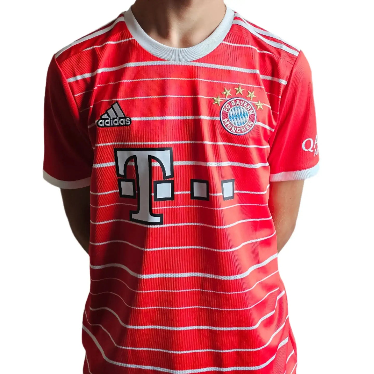 Front view featuring red FC Bayern Munich football shirt with adidas logo and T-Mobile sponsor.