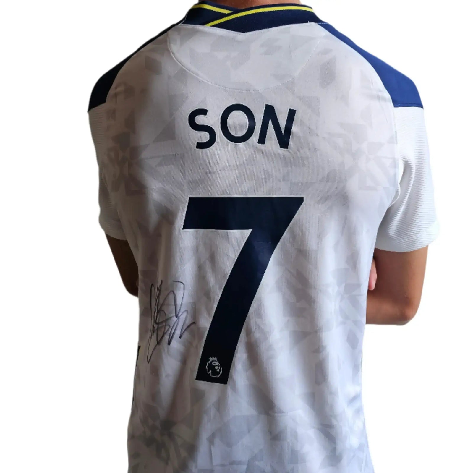 Back view showing 'SON' and No. 7, with a visible signature and Premier League logo.