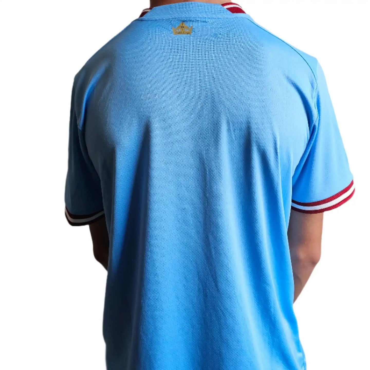 Back view showing blue shirt with red accents and gold crown detail at the neck.