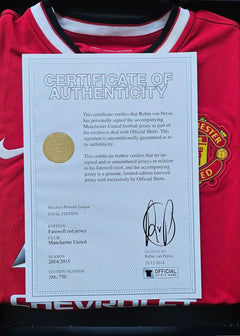 Certificate of Authenticity for Robin van Persie's signed Manchester United farewell jersey.