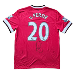Back view of a red Manchester United shirt featuring 'V. PERSIE' and No. 20, with a visible signature.