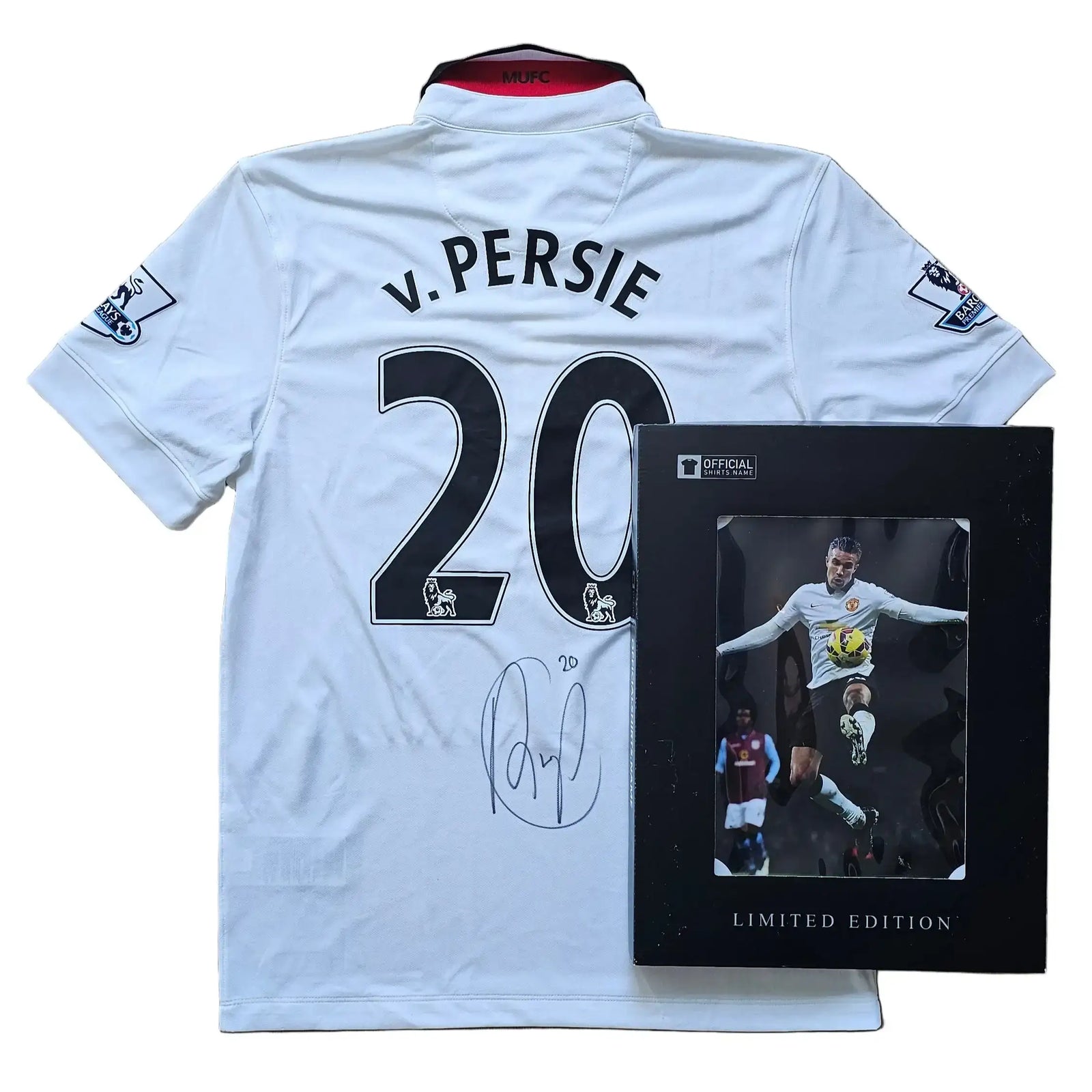 White Manchester United shirt featuring player name 'v. Persie', No. 20, and a signature below.