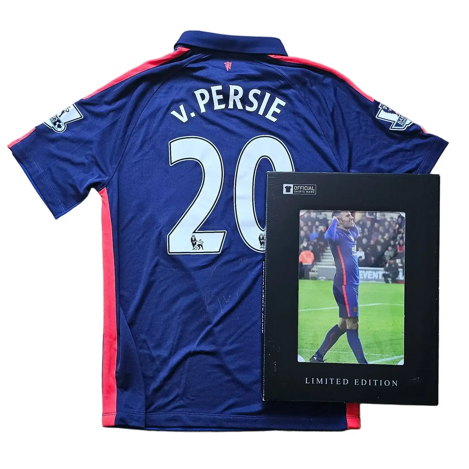 Manchester United shirt featuring V. PERSIE and No. 20, with a limited edition box.