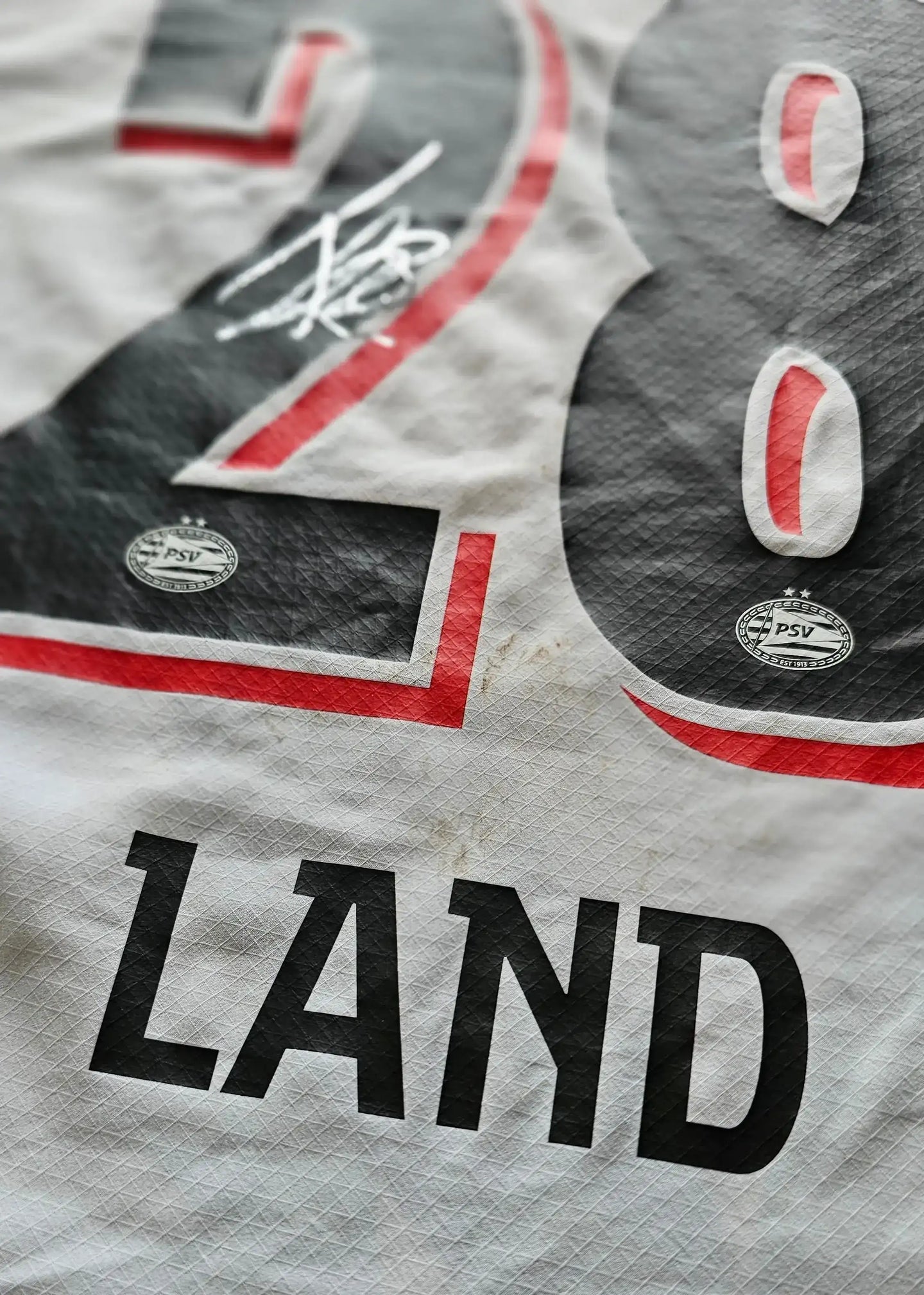 Detail view showing player name LAND, No. 28, and a visible signature on the shirt.
