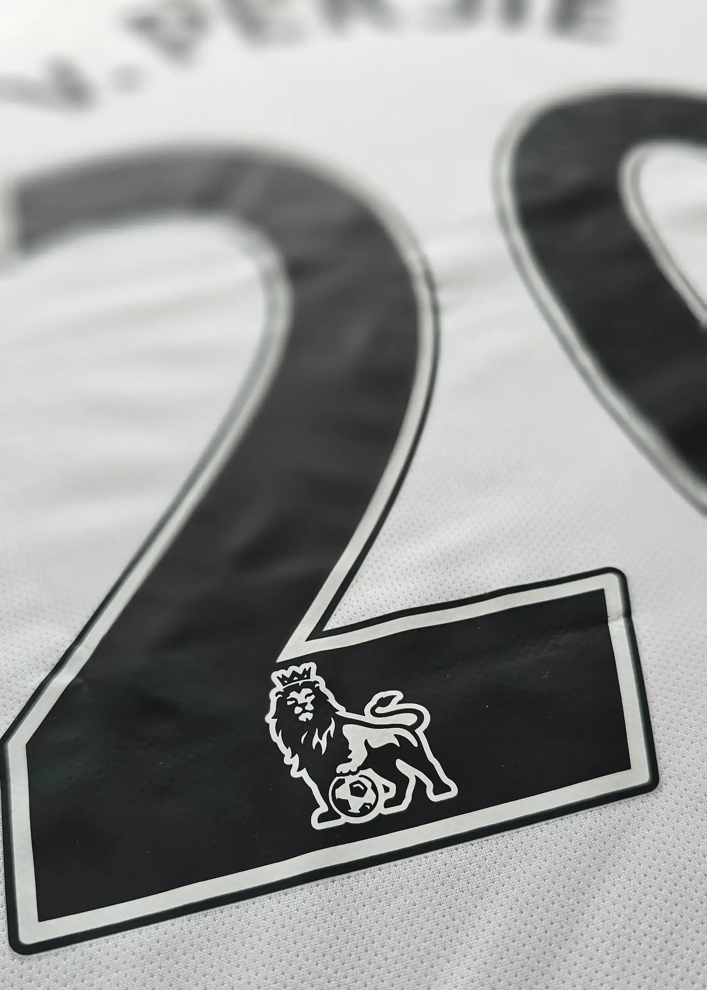 Black No. 20 with lion crest detail on white football shirt by Robin van Persie.