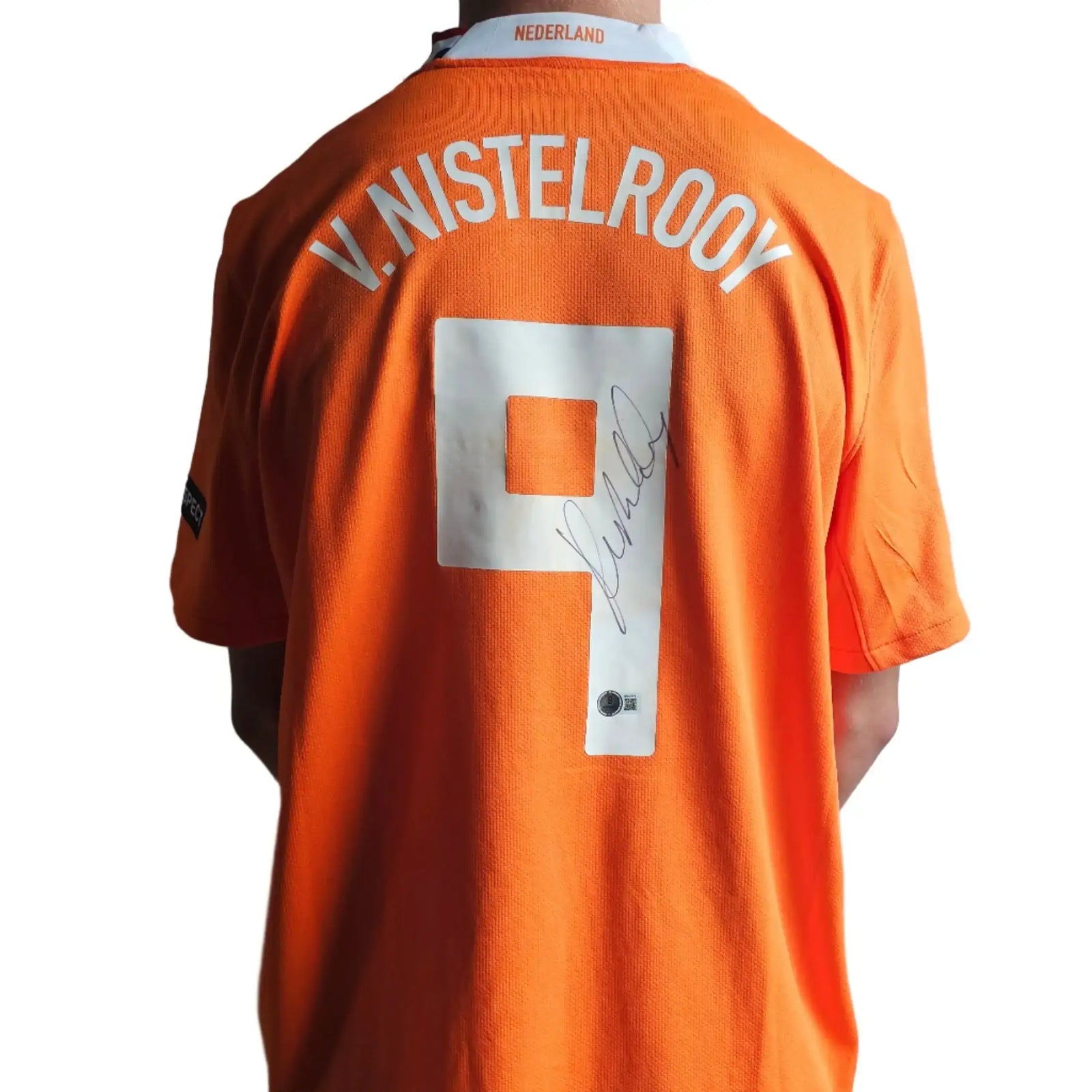 Back view of Ruud van Nistelrooij signed Holland football shirt with No. 9 and signature.
