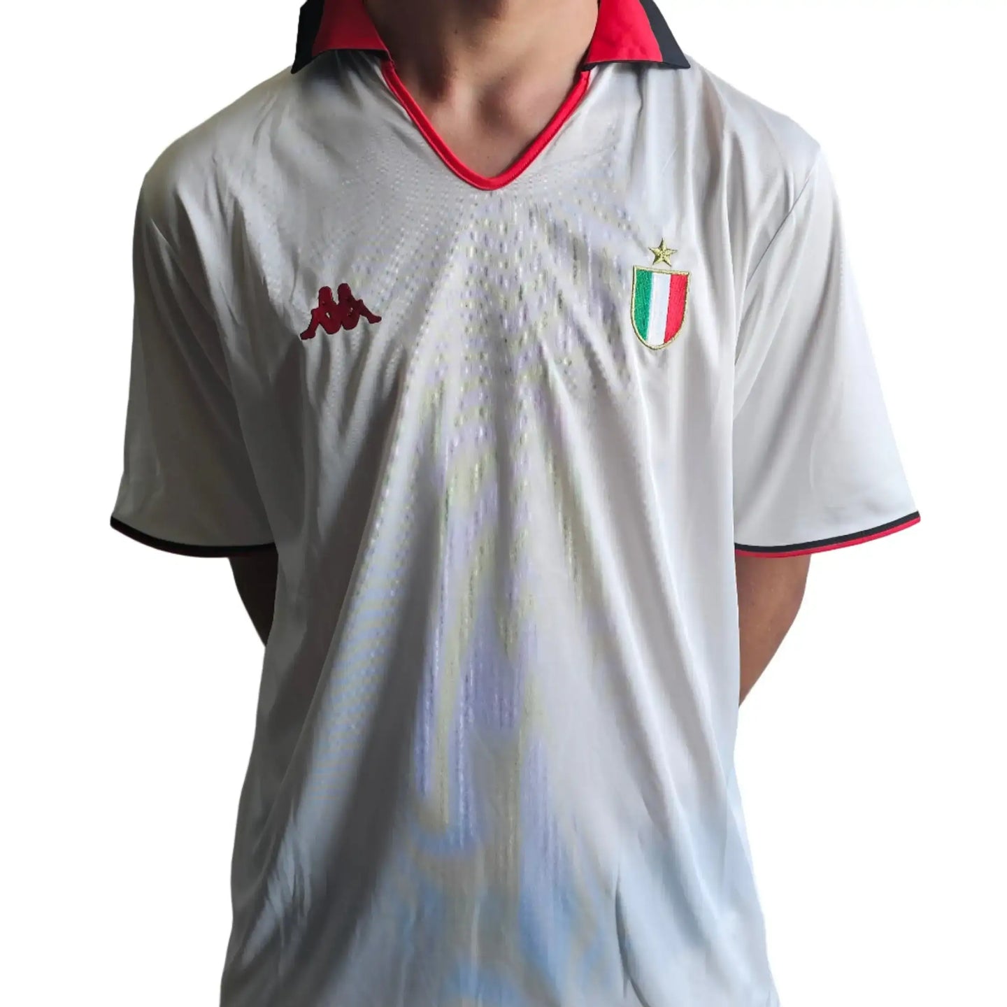 Back view featuring Kappa logo and Italy crest with star on white and red football shirt.