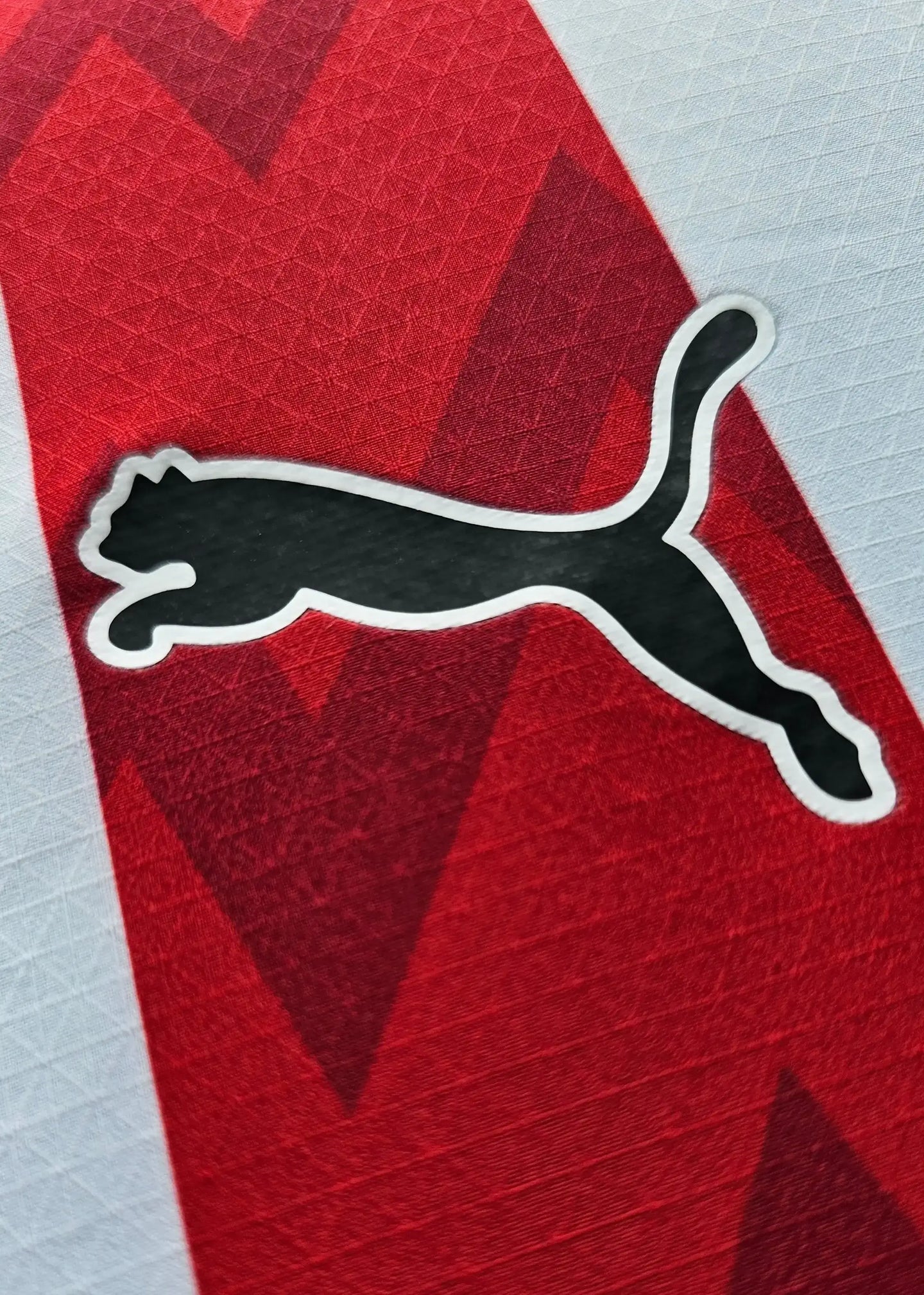 Close-up of the black Puma logo on a red and white striped football shirt.
