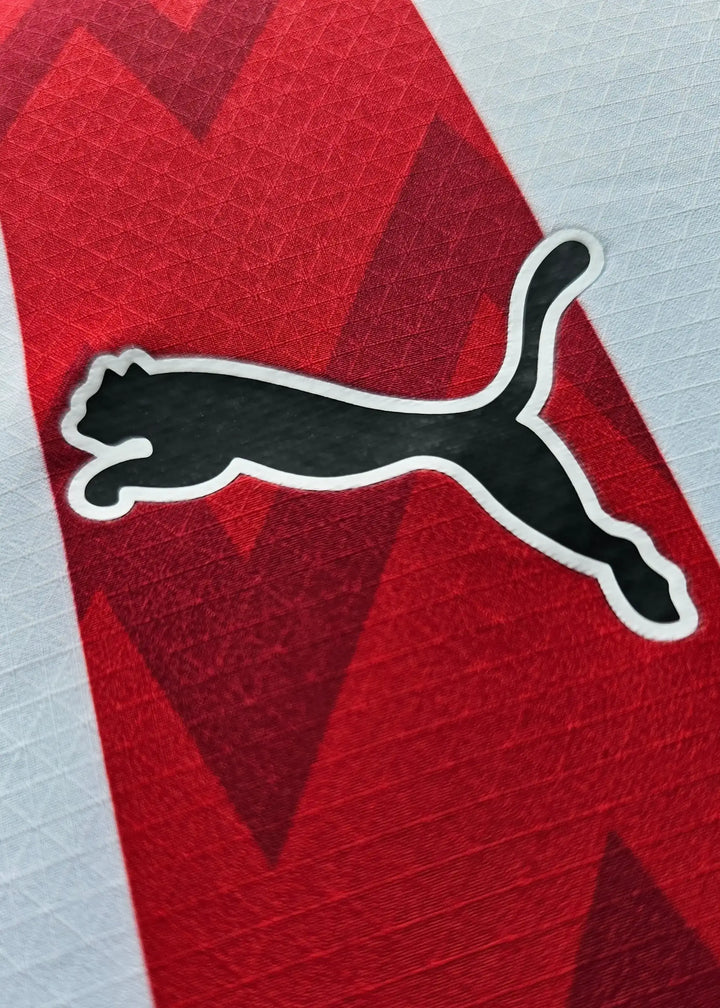 Close-up of the black Puma logo on a red and white striped football shirt.