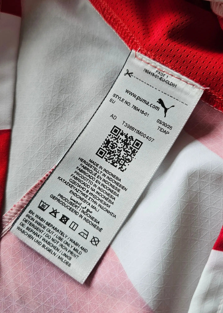Care label of PSV Eindhoven shirt showing styles and washing instructions.
