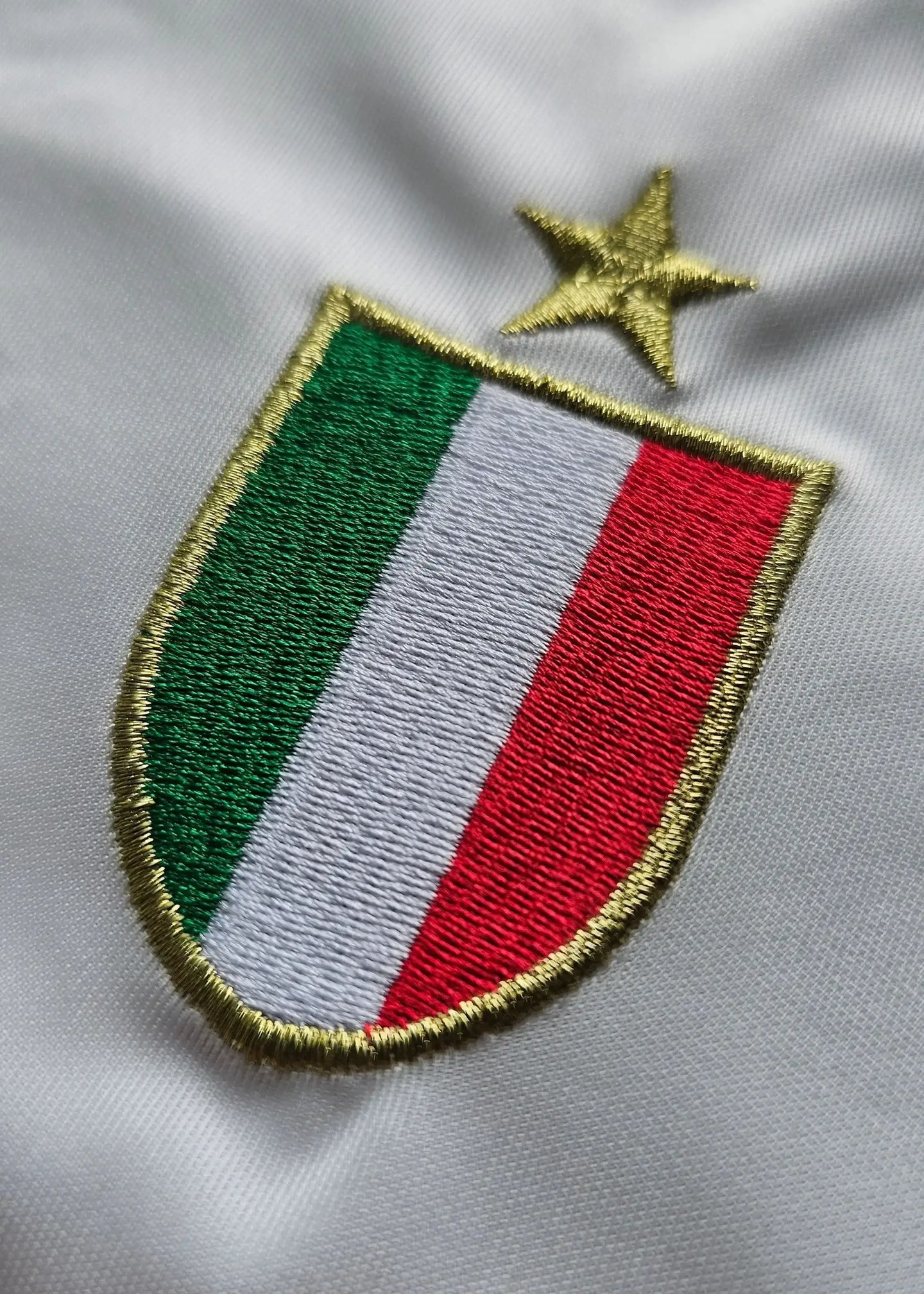 Crest detail featuring the Italian flag within a golden-bordered shield and a star above.
