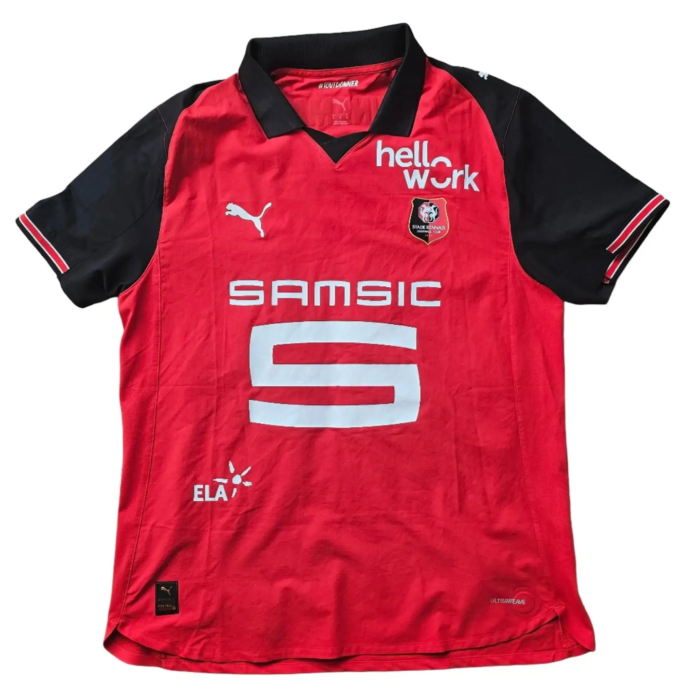 Mahomed Meïte 39 Stade Rennes match-worn signed football shirt in red and black with 'hello work' sponsor.