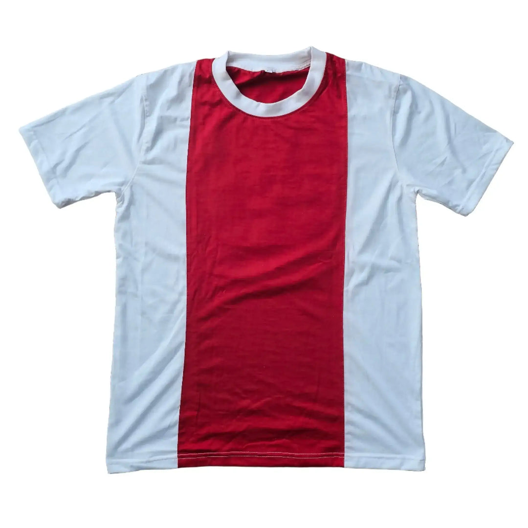 Red and white Ajax vintage football shirt featuring no visible text or signature.