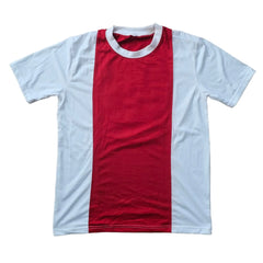Red and white Ajax vintage football shirt featuring no visible text or signature.