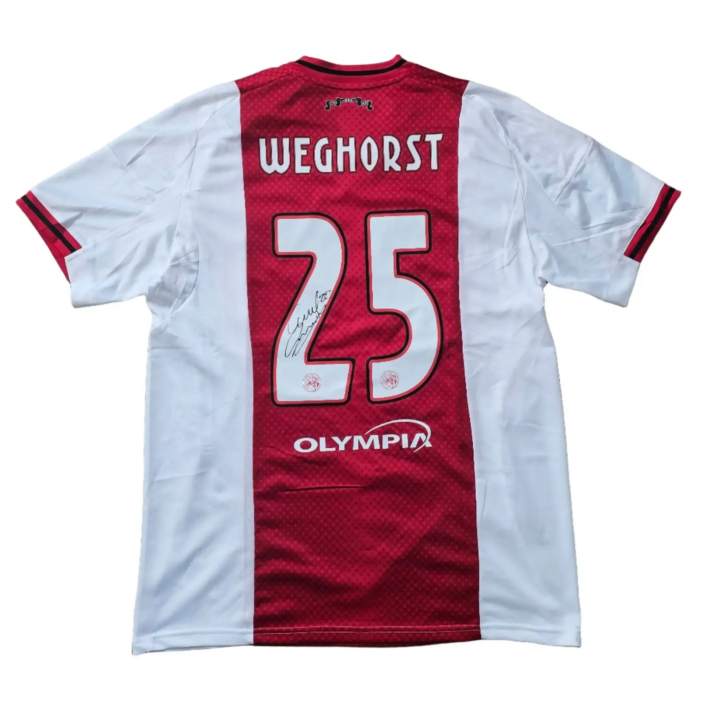 Back view of a signed Wout Weghorst Ajax football shirt, featuring No. 25 and the logo of OLYMPIA.
