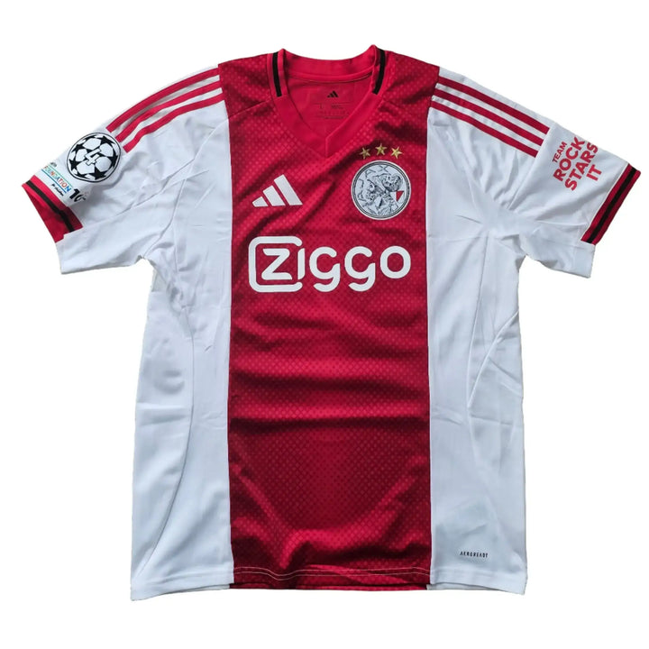 Ajax signed football shirt in red and white with Ziggo logo and three stars on the crest.