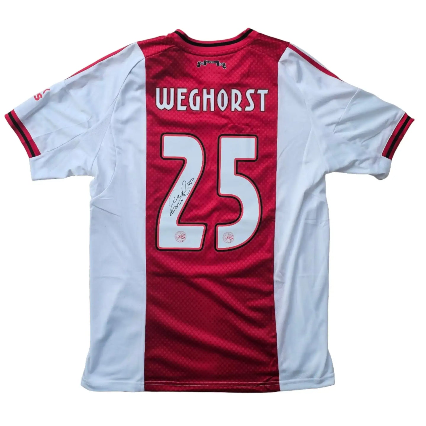 Back view of Wout Weghorst 25 Ajax jersey with visible signature and club logo on red and white fabric.