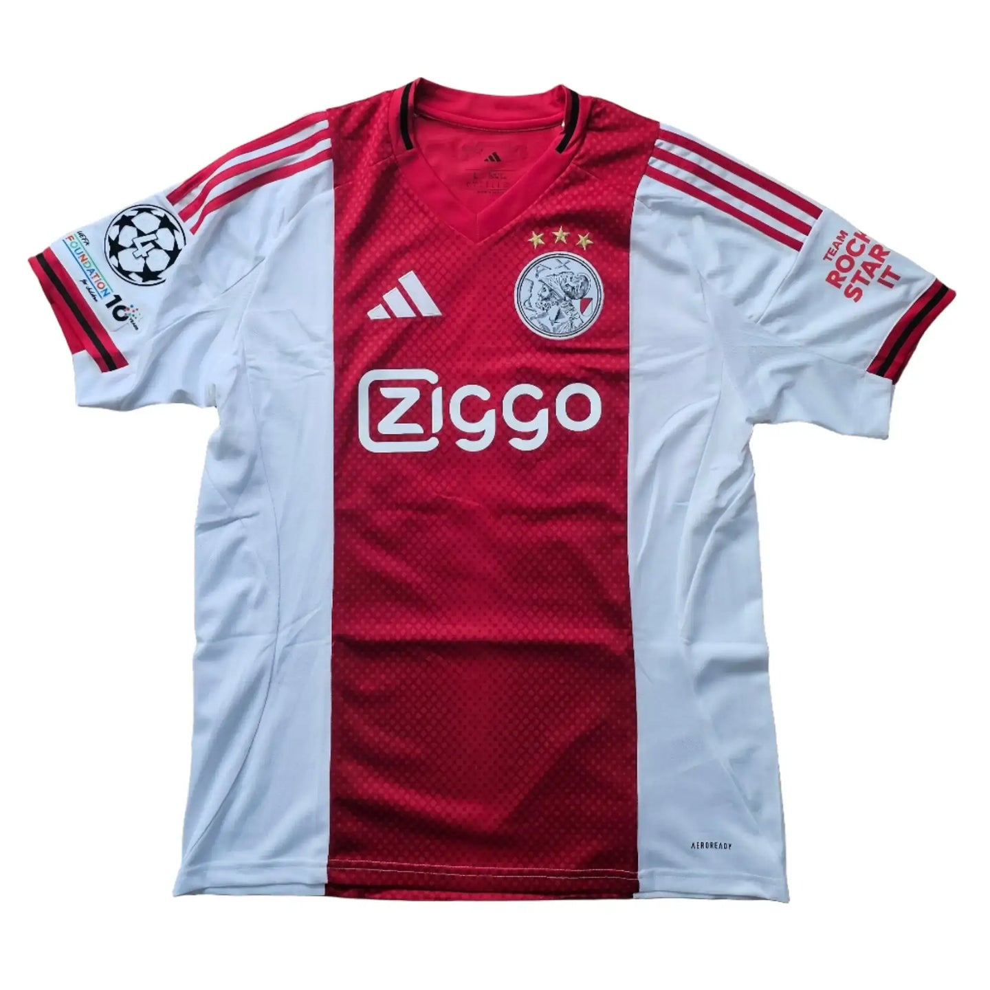 Ajax 2025/26 home jersey in red and white featuring the Ziggo logo and three stars above the crest.